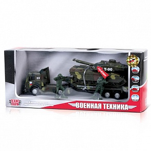 Металлический трейлер «Вооруженные силы» с инерционным танком на прицепе со светом и звуком (Технопарк,  CT1061 (SL556/TANK)sim)